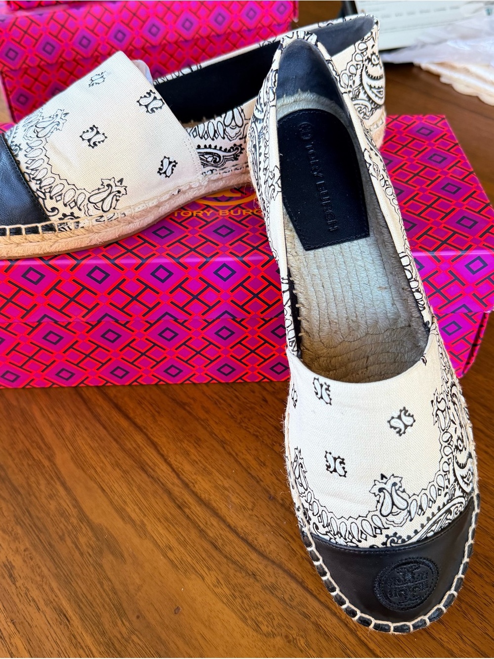 Tory Burch Black & White Bandana Print Espadrille Slip-On